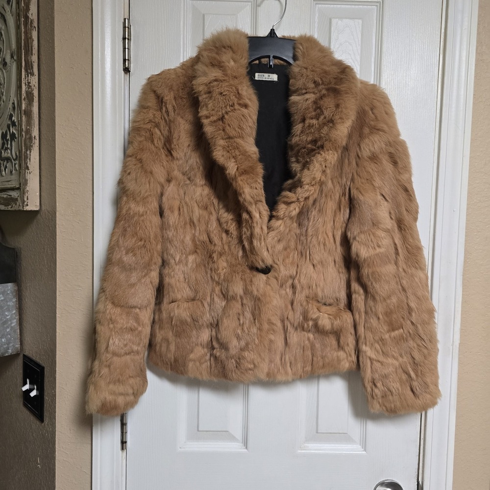 Vintage Genuine Rabbit Fur Coat Womens S Tan Brown Cropped Jacket Mob Wife Korea